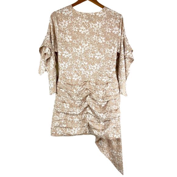 Boskemper Floral Mini Dress Beige White Size L EUC Pleated Tiered Ruffle Ruched - Picture 2 of 8